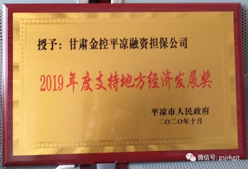 金控平?jīng)鰮?dān)保榮獲2019年度 “支持地方經(jīng)濟發(fā)展獎”